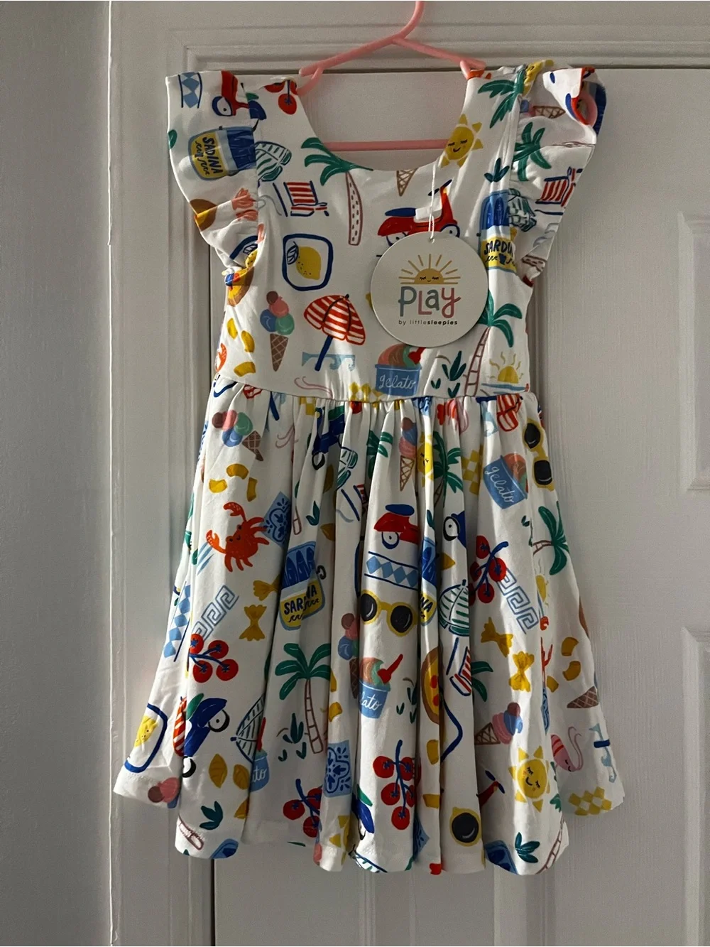 Little Sleepies White Summer Print Twirl Dress with Bright Multicolor Accents